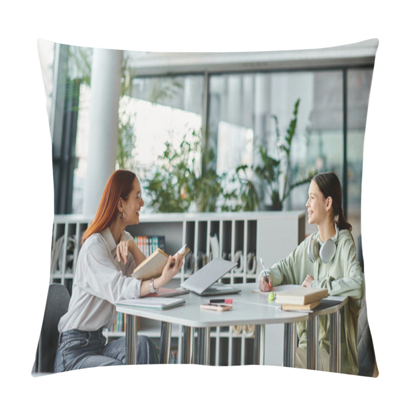 Personality  A Redhead Woman Is Tutoring A Teenage Girl At A Table In A Modern Office, Using A Laptop For After-school Lessons. Pillow Covers