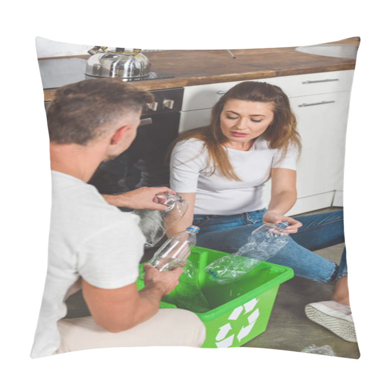 Personality  Couple Sitting On Floor And Putting Plastic Bottles In Green Box With Recycle Sign Pillow Covers