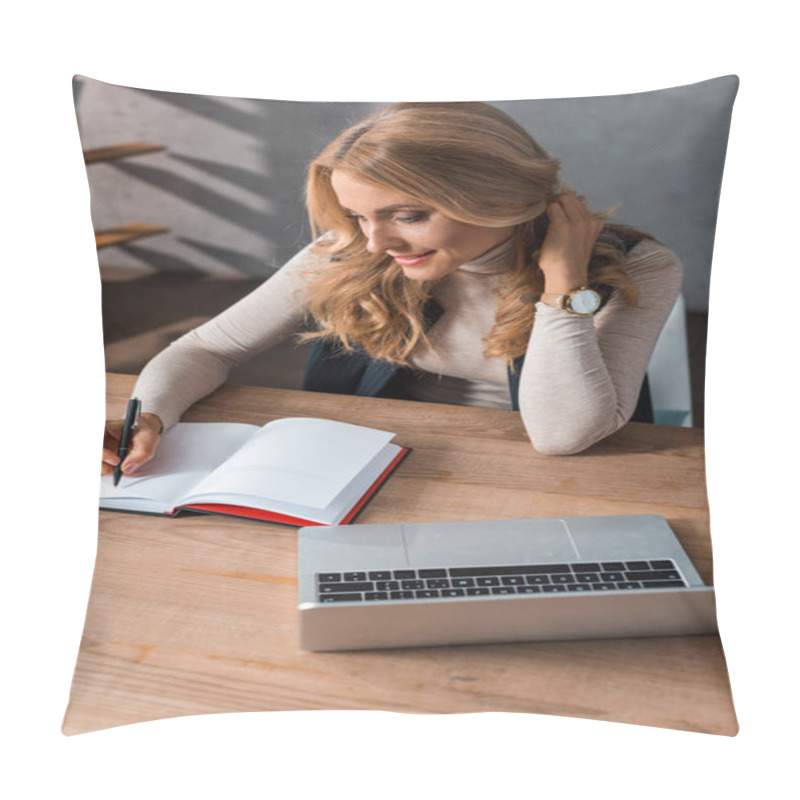 Personality  High Angle View Of Attractive Businesswoman Sitting At Table And Writing In Notebook  Pillow Covers