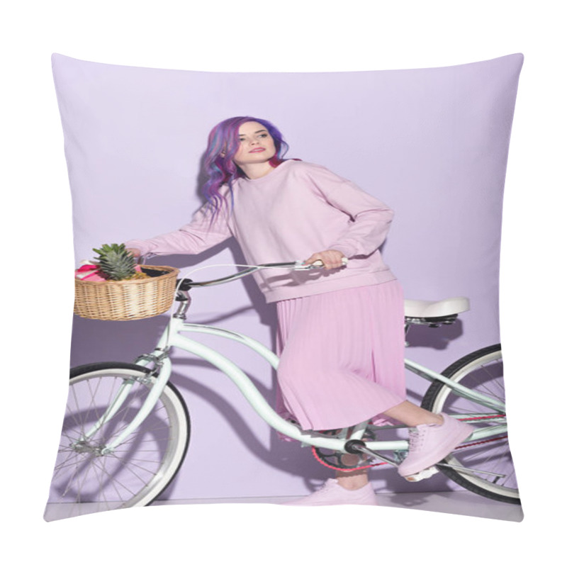 Personality  Attractive Woman In Pink Clothing On Bicycle With Pineapple And Bananas In Basket Pillow Covers