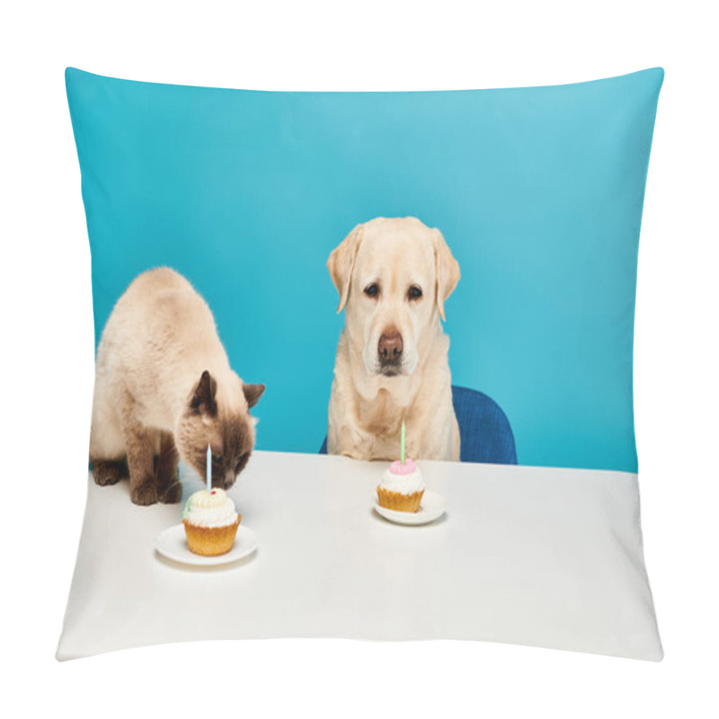 Personality  A Cat And A Dog Enjoy Cupcakes Together At A Table In A Delightful Studio Setting. Pillow Covers