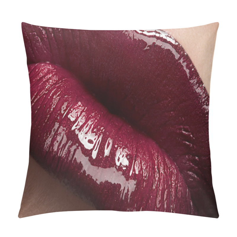 Personality  Close-up Of Woman's Lips With Bright Fashion Dark Red Glossy Makeup. Macro Lipgloss Cherry Make-up. Sexy Kiss Pillow Covers