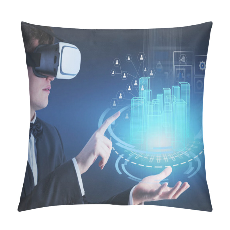 Personality  Man In VR Headset Working With HUD City Interface Pillow Covers