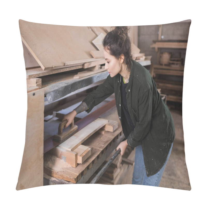 Personality  Side View Of Tattooed Carpenter Polishing Wooden Plank In Workshop  Pillow Covers