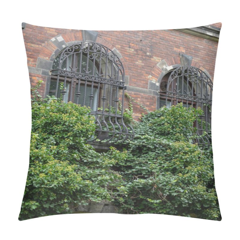 Personality  Historical Brick Building Facade With Iron Window Bars Covered In Ivy On A Sunny Autumn Day. Concept Of Urban Architecture, Natural Greenery, And Heritage Preservation Pillow Covers