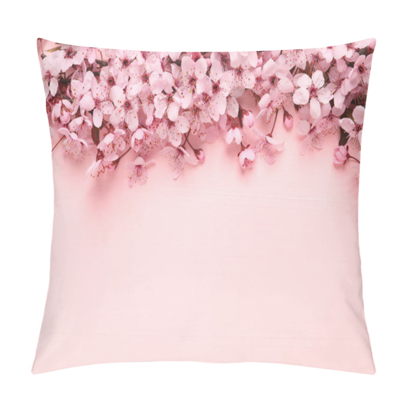 Personality  Cherry Tree Branch With Beautiful Blossoms On Pink Wooden Table, Flat Lay. Space For Text Pillow Covers