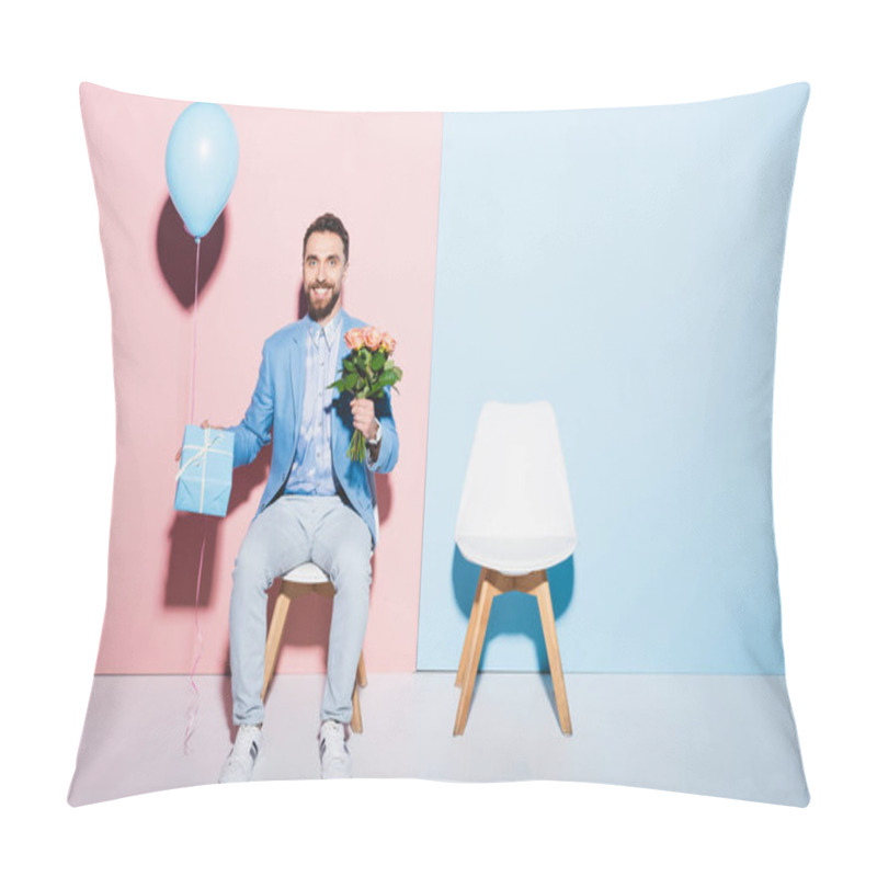 Personality  Handsome And Smiling Man Looking At Wristwatch And Holding Balloon, Gift And On Bouquet Blue And Pink Background  Pillow Covers