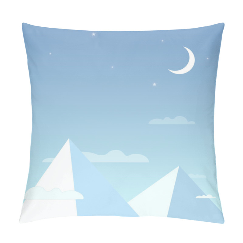 Personality  Mountains In The Night Sky In A Simple Light Design. Mountain Peaks With The Clouds, Bright Stars And The Moon. Vector Illustration Pillow Covers