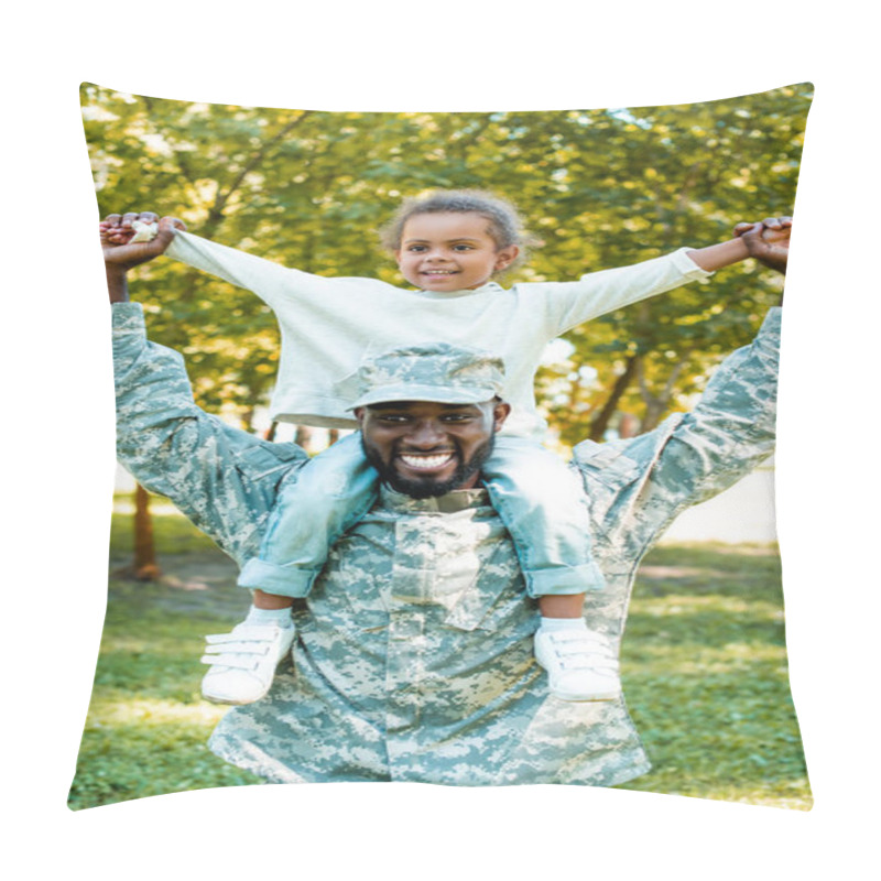 Personality  Happy African American Soldier In Military Uniform Holding Daughter On Shoulders In Park Pillow Covers