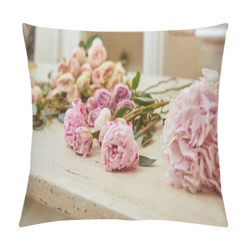 Personality  Selective Focus Of Pink Roses And Peonies On Surface Pillow Covers