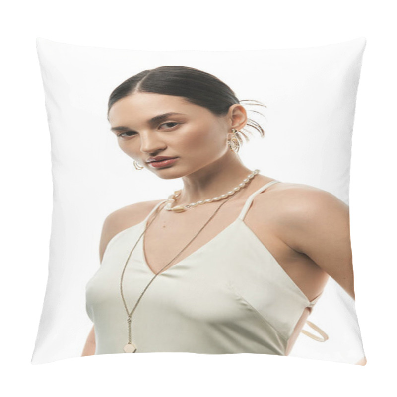 Personality  A Young Brunette Woman In A White Slip Dress Poses With Her Elegant Jewelry. Pillow Covers