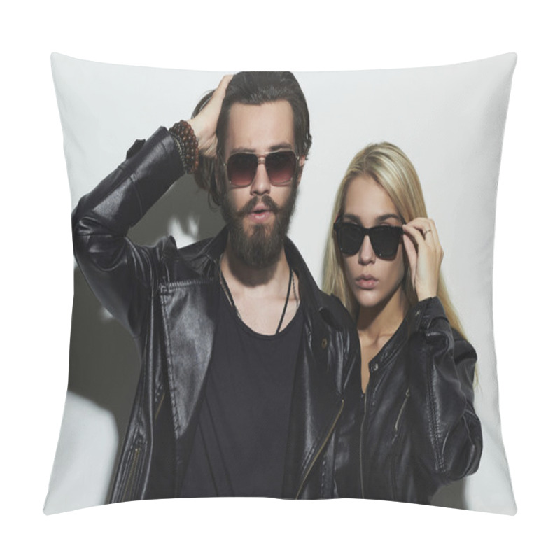 Personality  Gorgeous Fashion Beautiful Couple In Black Clothes Wearing Trendy Glasses Together. Hipster Boy And Girl. Bearded Young Man And Blonde In Sunglasses Pillow Covers