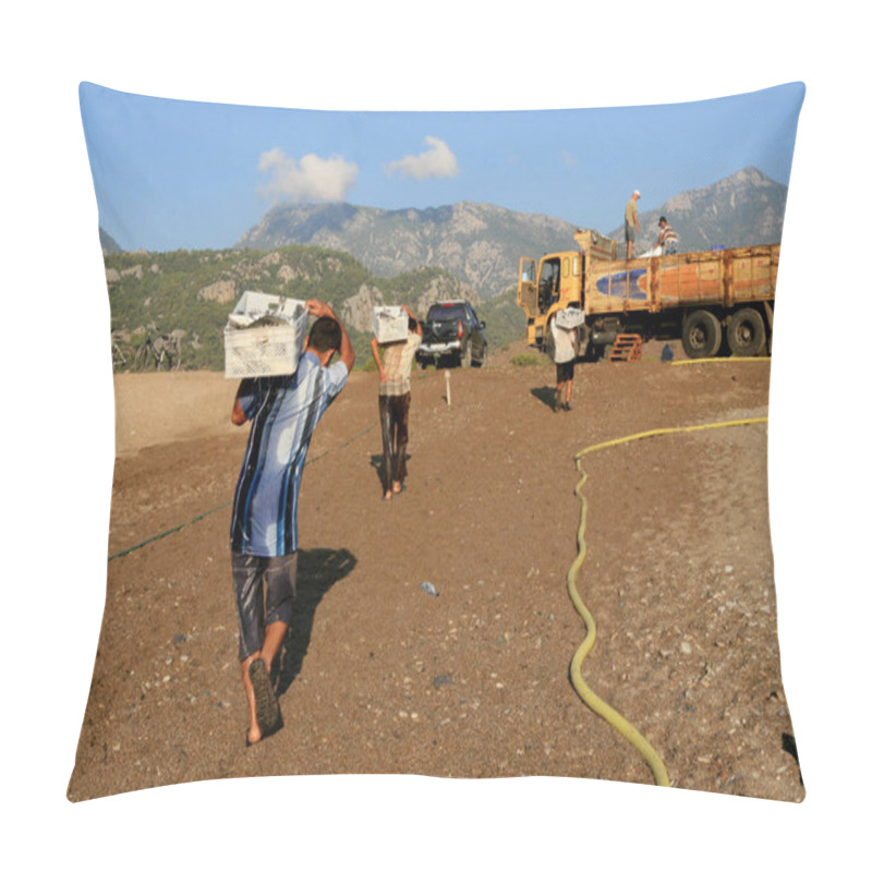 Personality  Workers Unload Fish In A Lorry Pillow Covers