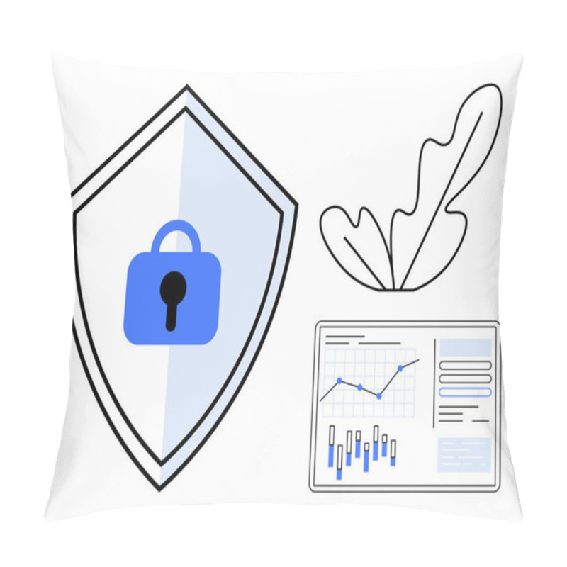 Personality  Security Shield With Lock Symbol, Analytics Graph With Bar And Line Charts, And A Leaf Outline. Ideal For Data Security, Environmental Sustainability, Tech Security, Analytics, Eco-friendly Pillow Covers