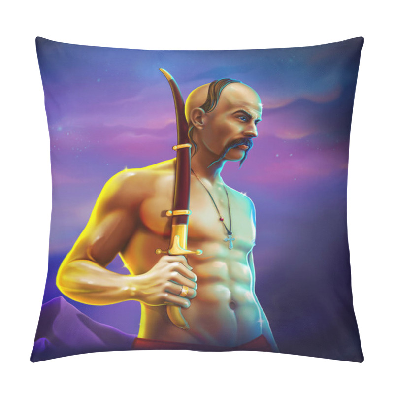 Personality  A Strong, Brave, Courageous Cossack With A Bare Torso. A Detailed Illustration Of The Ukrainian Native Cossack With Sabers. Ukrainian Folklore Character. Pillow Covers