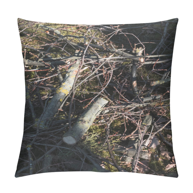 Personality  Pruned Branches Of Trees And Shrubs Lie On The Ground In The Grass In Early Spring In The Ornamental Garden. Pillow Covers