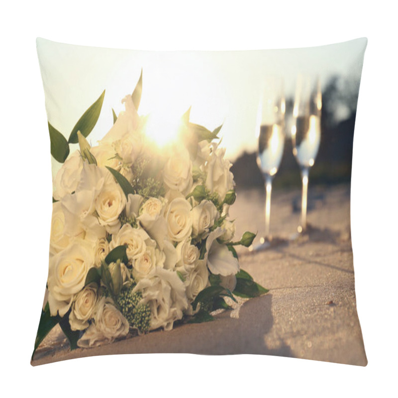 Personality  Beautiful Wedding Bouquet On Sandy Beach At Sunset Pillow Covers