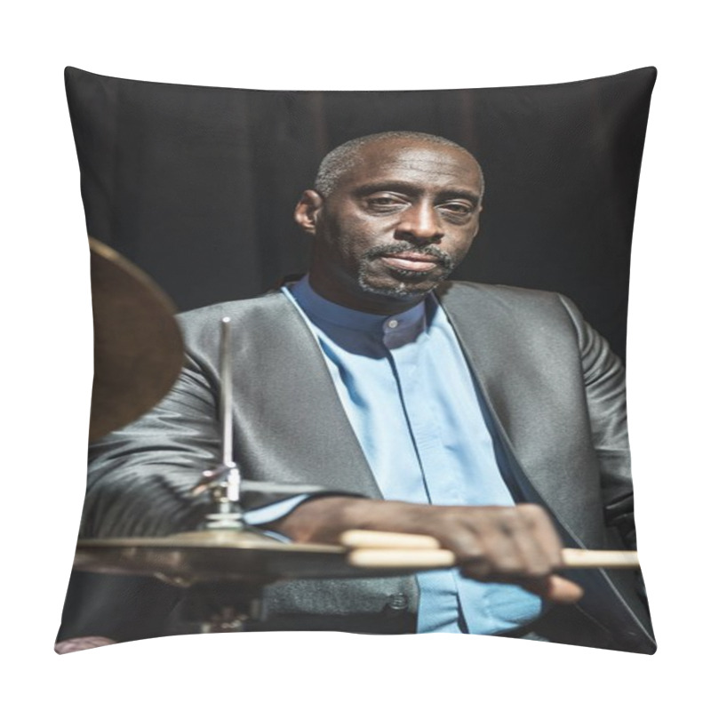 Personality  African Drummer Posing Near Drums And Looking To Camera Pillow Covers