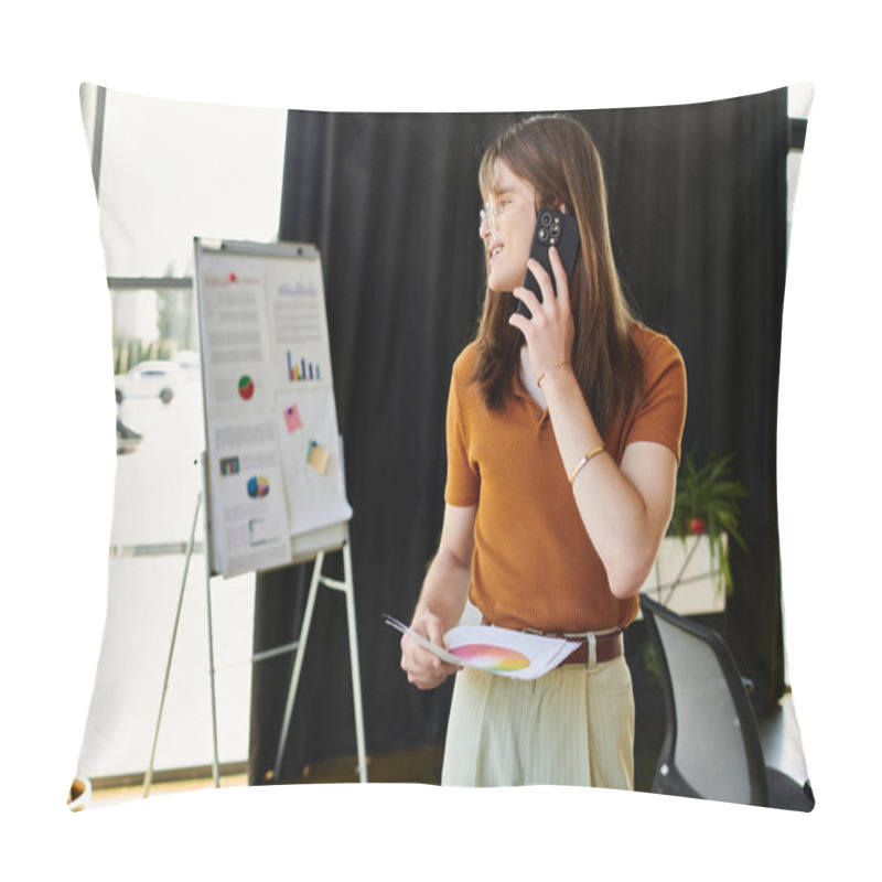 Personality  A Young Non Binary Person Is On A Phone Call While Analyzing Office Charts And Data. Pillow Covers