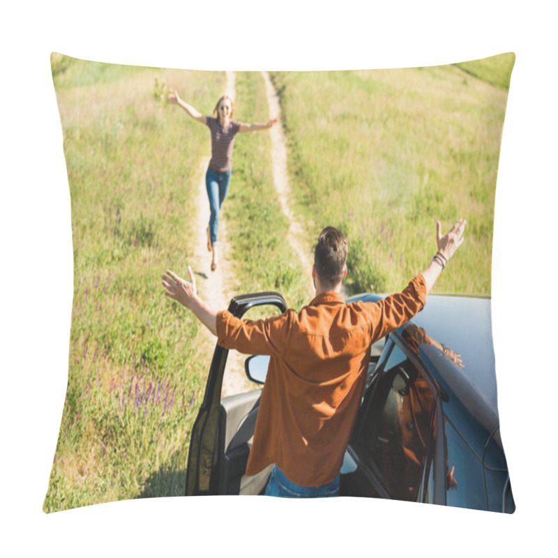 Personality  Rear View Of Man Standing With Wide Arms Near Car While His Girlfriend Running To Him In Field  Pillow Covers