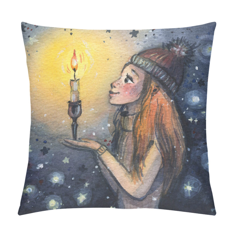 Personality  Dreamer Girl, Make A Wish. Wish In The New Year. Cartoon Girl In A Hat And Sweater Holds A Candle In The Dark. Watercolor Girl With A Candle In Her Hands.  Pillow Covers