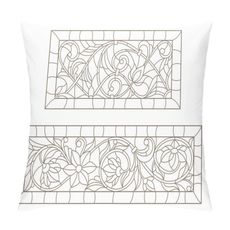 Personality  Set Contour Illustrations Of Stained Glass With Abstract Swirls And Flowers , Horizontal Orientation Pillow Covers