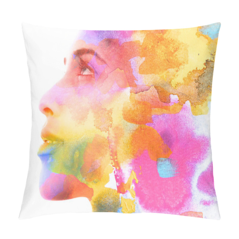 Personality  Paintography. Double Exposure. Close Up Of An Attractive Model C Pillow Covers