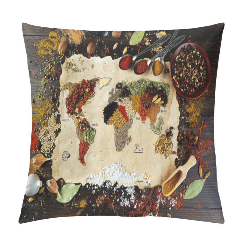 Personality  Map Of World Made From Different Kinds Of Spices On Wooden Background Pillow Covers