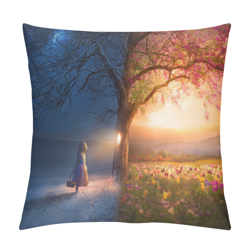 Personality  A Little Girl Looks Through A Knot Hole In Tree Which Reveals A Beautiful Summer Meadow Pillow Covers