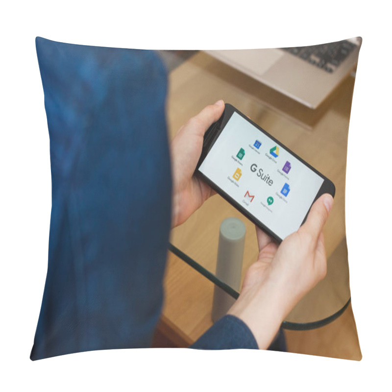 Personality  SAN FRANCISCO, US - 22 April 2019: Close Up To Female Hands Holding Smartphone Using G Suite Application, San Francisco, California, USA. An Illustrative Editorial Image Pillow Covers