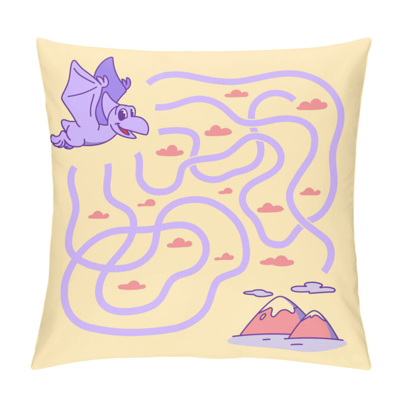 Personality  Help Cute Pterodactyl Find The Right Path To Mountain. Labyrinth. Funny Maze Game For Children. Vector Illustration. Pillow Covers