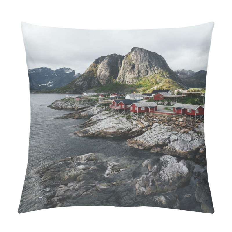 Personality  Panoramic View Of Red Wooden Fishing Huts On Lofoten Islands, Norway Pillow Covers