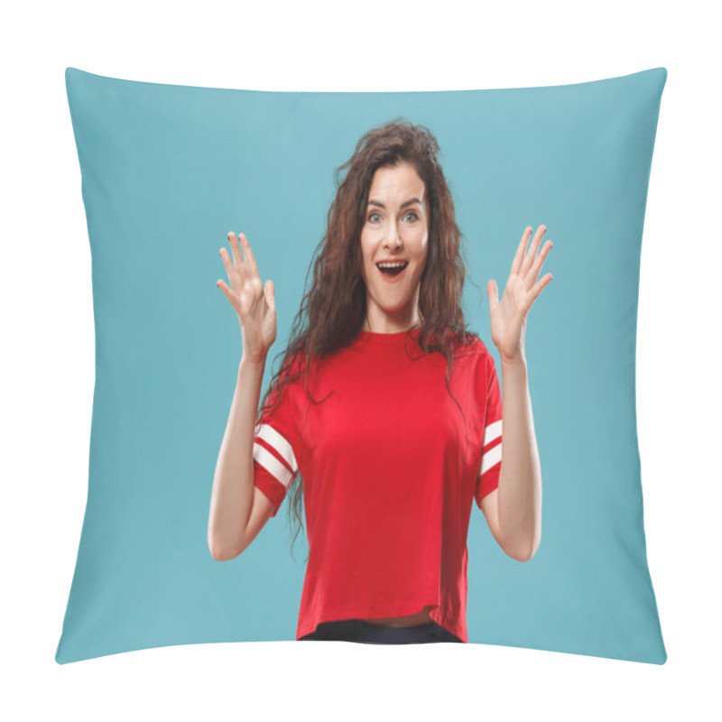 Personality  Beautiful Woman Looking Suprised Isolated On Blue Pillow Covers