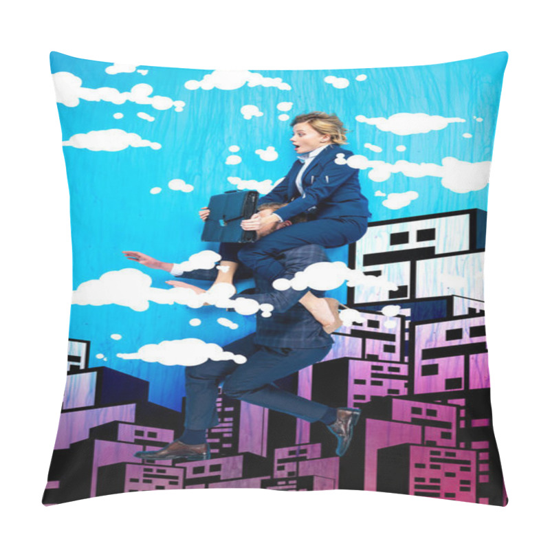 Personality  Shocked Woman With Briefcase Sitting On Businessman Shoulders With City And Clouds Illustration On Blue Background Pillow Covers