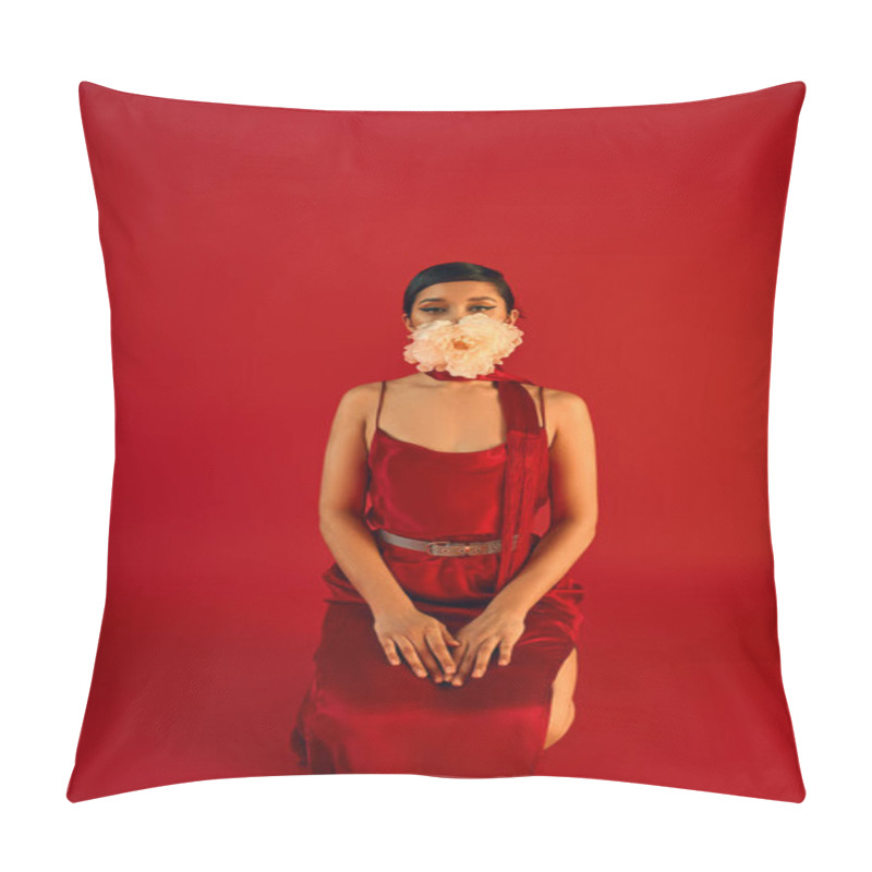 Personality  Spring Fashion Concept, Young Asian Woman With Brunette Hair And Bold Makeup, Wearing Elegant Dress And Neckerchief, Holding White Peony In Mouth While Kneeling On Red Background Pillow Covers