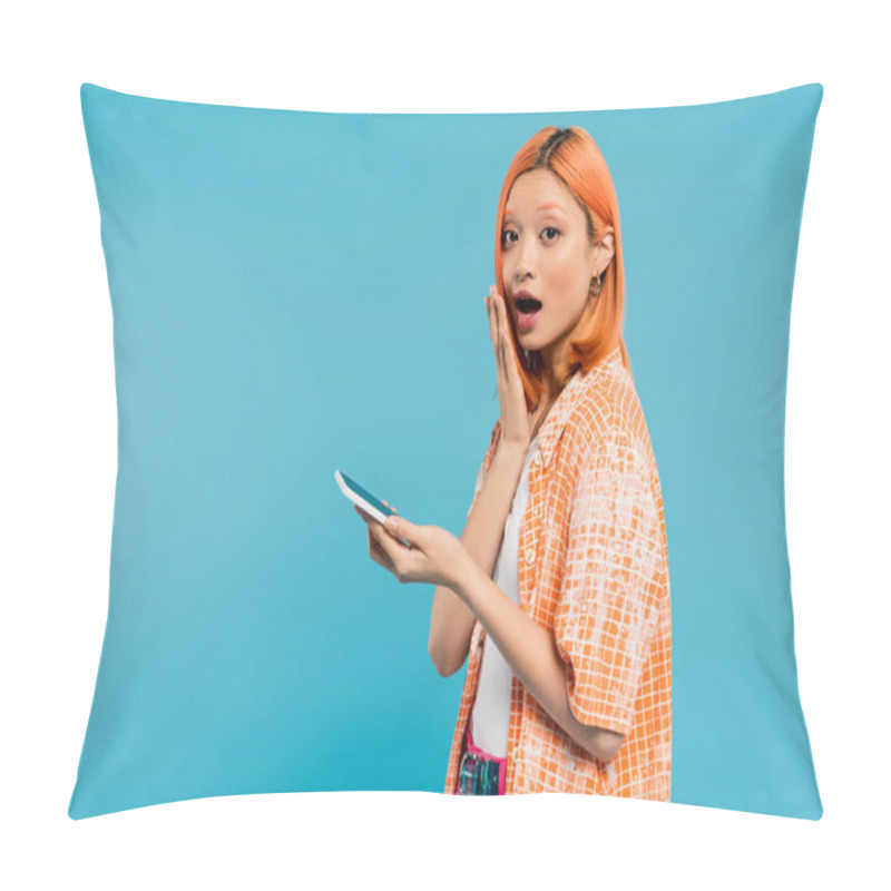 Personality  Surprised Face, Social Media Influencer, Young Asian Woman With Dyed Hair Using Smartphone On Blue Background, Mobile Phone, Youth Culture, Digital Age, Messaging, Generation Z Pillow Covers