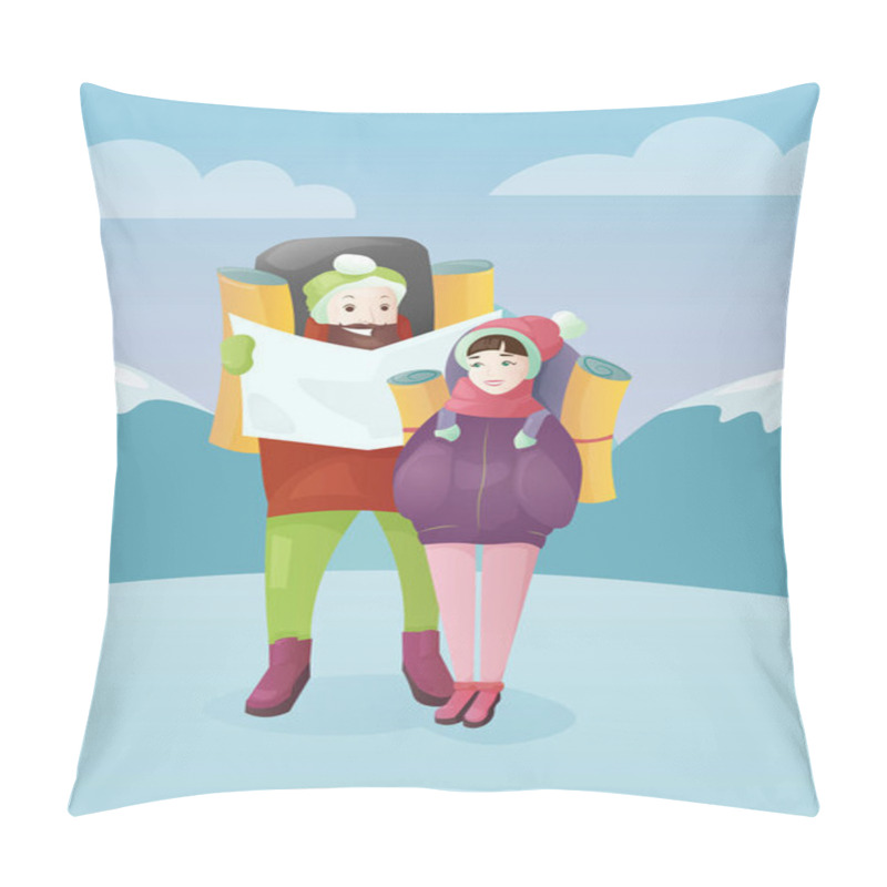 Personality  Vector Illustration Young Couple With Travel Bag And Map On Winter Mountains Background. Traveling Concept, Man And Woman In Cartoon Flat Style. Pillow Covers