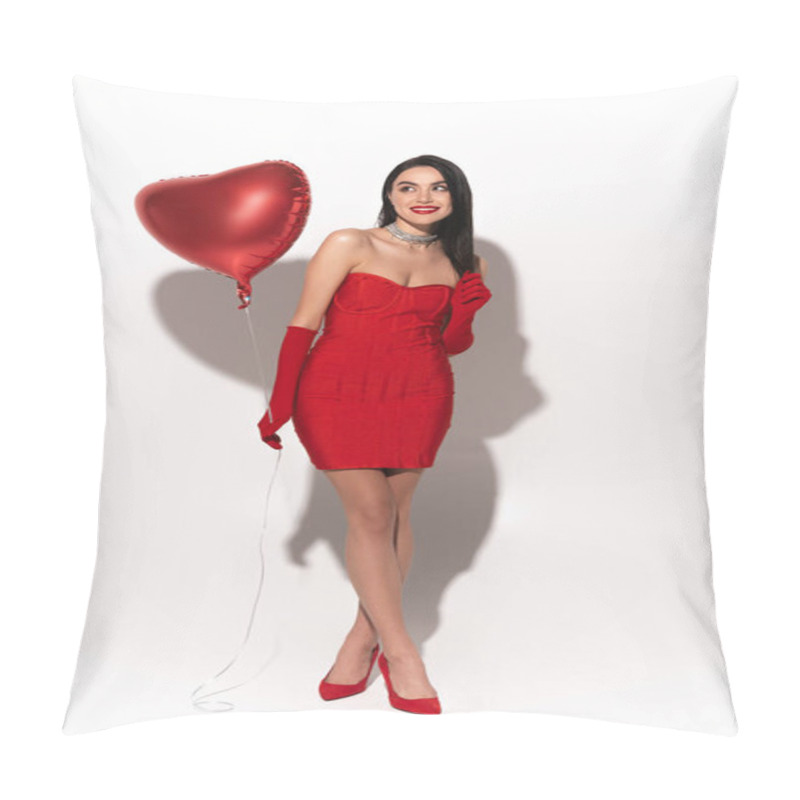 Personality  Full Length Of Stylish Model In Red Dress Holding Heart Shaped Balloon On White Background With Shadow  Pillow Covers