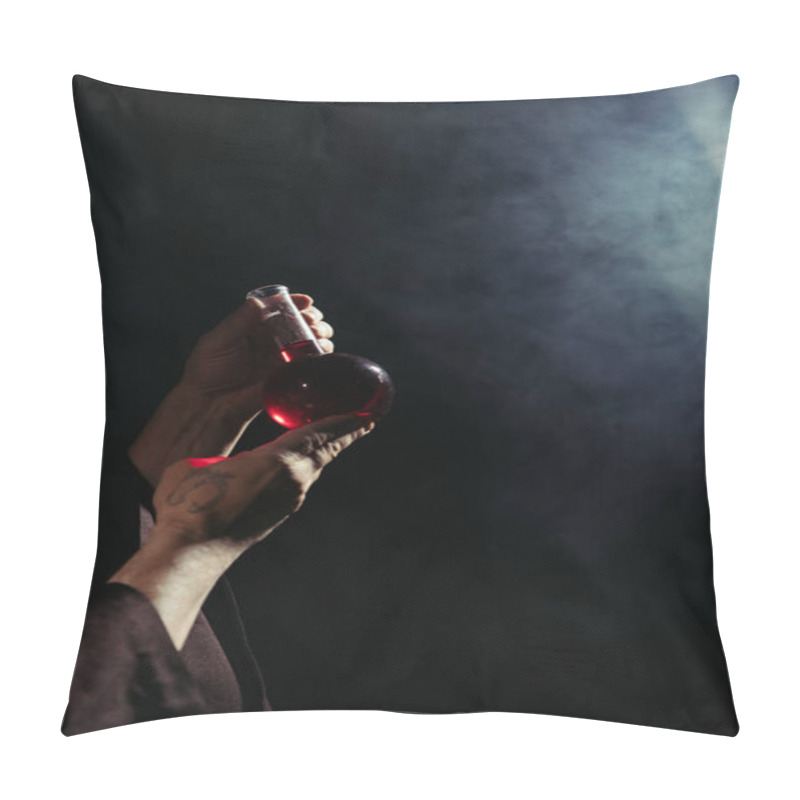 Personality  Partial View Of Magician Holding Flask With Potion On Black Background With Smoke Pillow Covers