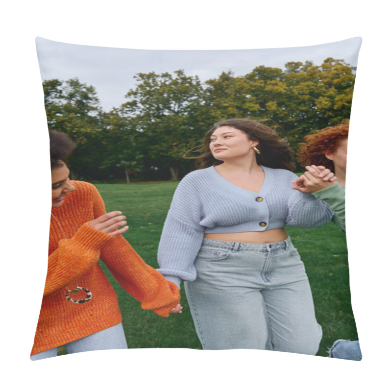 Personality  Three Stylish Friends Stroll Hand In Hand Through A Lively Spring Park, Filled With Joy. Pillow Covers