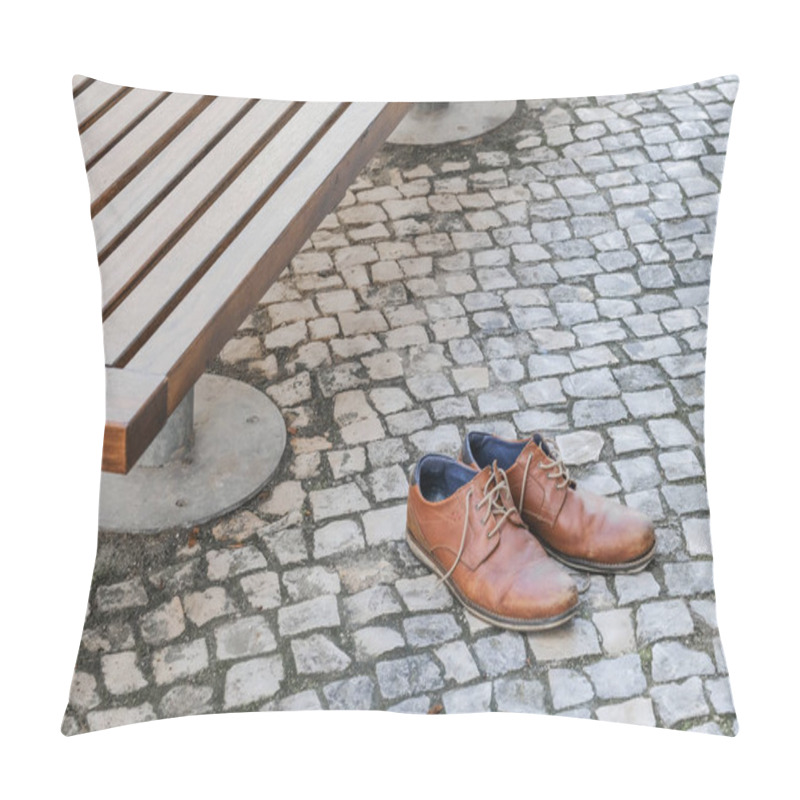 Personality  Brown Leather Shoes On A Cobblestone Pavement Next To A Bench In An Urban Setting. Pillow Covers