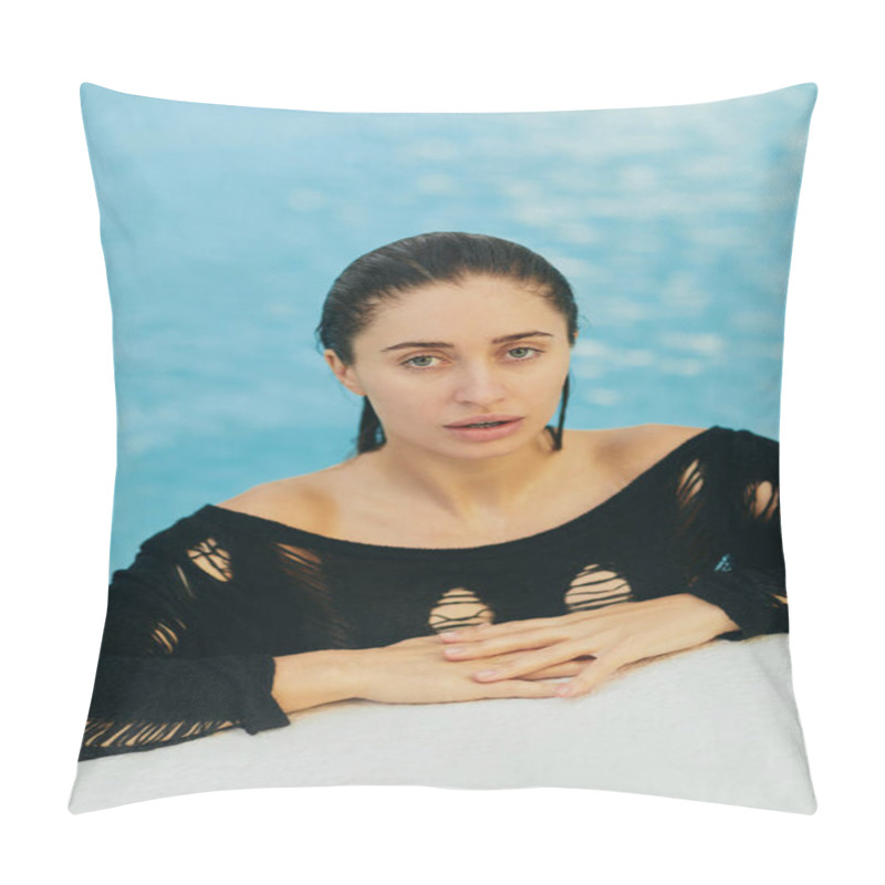 Personality  Attractive Young Woman With Tanned Skin In Black Swimwear In Public Swimming Pool, Posing And Enjoying Her Summer Vacation At Luxury Resort In Miami, No Makeup Look, Summer Getaway, Portrait  Pillow Covers