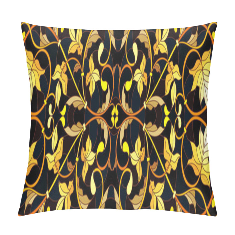 Personality  Illustration In Stained Glass Style With Floral Ornament ,imitation Gold On Dark Background With Swirls And Floral Motifs Pillow Covers