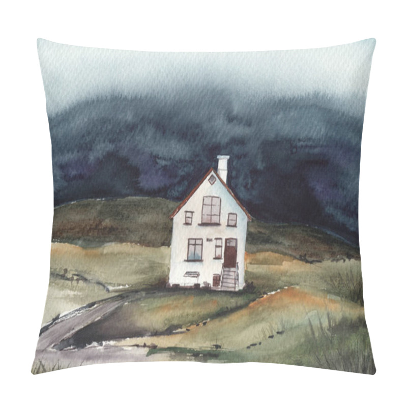 Personality  Watercolor Illustration Of A White Lonely House In A Valley With Misty Mountains On The Background Pillow Covers