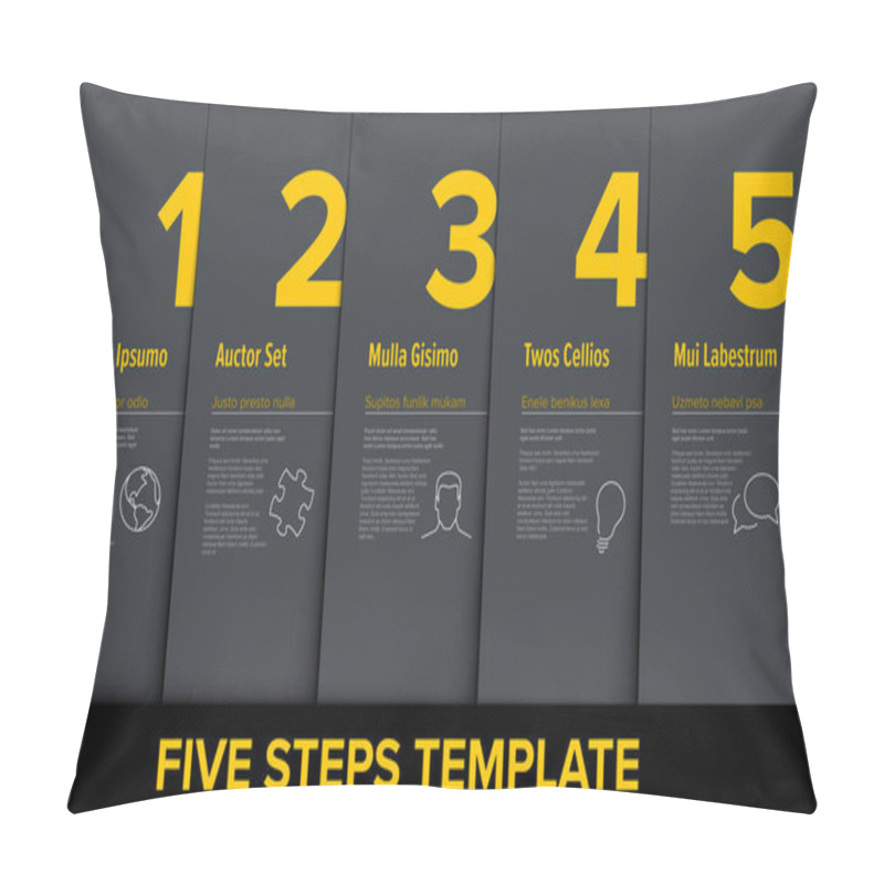 Personality  One Two Three Four Five Vector Light Yellow Progress Steps Template With Descriptions And Icons - Dark Version Pillow Covers