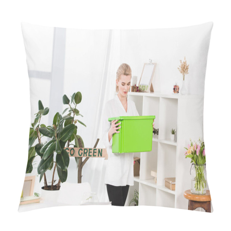 Personality  Attractive Woman Holding Green Recycling Box Near Go Green Sign, Environmental Saving Concept  Pillow Covers