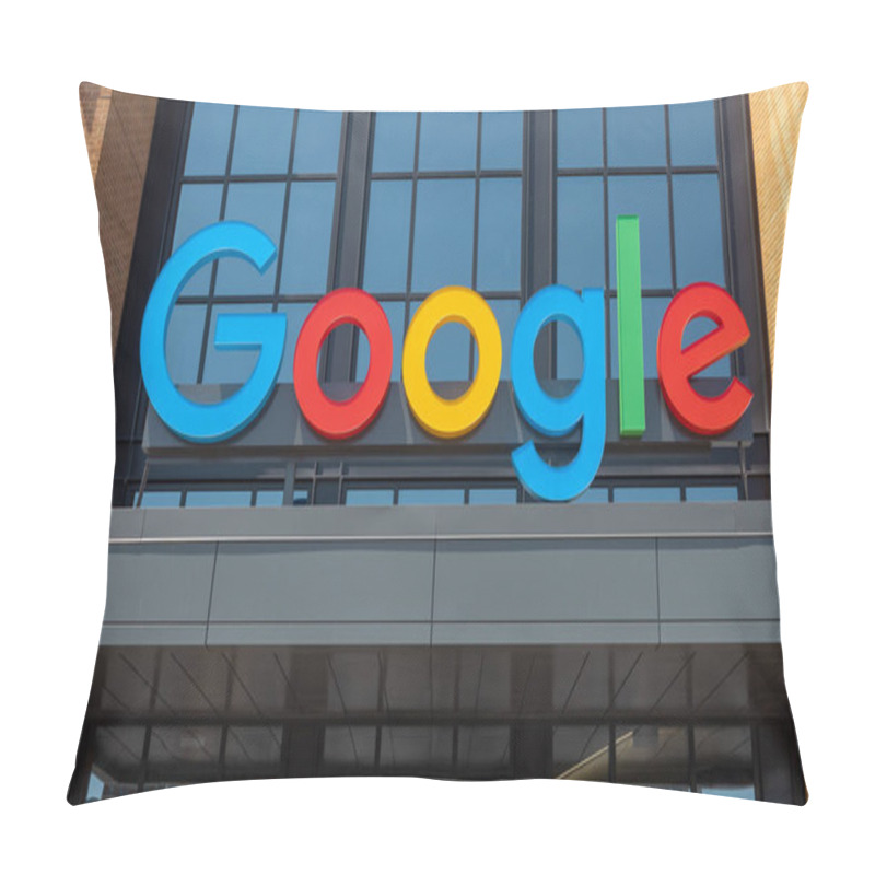 Personality  Detroit, Michigan, USA - May 30, 2022: Google Sign At The Entrance Of Office Building In Detroit, Michigan. Google LLC Is World Famous Information Technology, E-commerce And Advertising Company. Pillow Covers