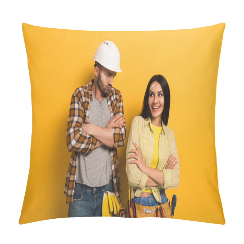 Personality  Smiling Female Manual Worker And Offended Workman With Crossed Arms On Yellow   Pillow Covers