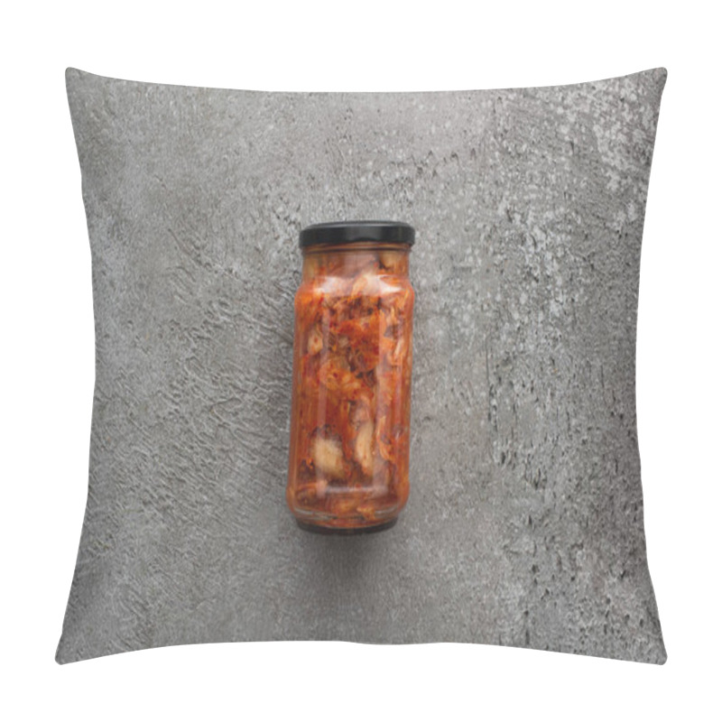 Personality  Top View Of Kimchi In Jar On Grey Concrete Background Pillow Covers