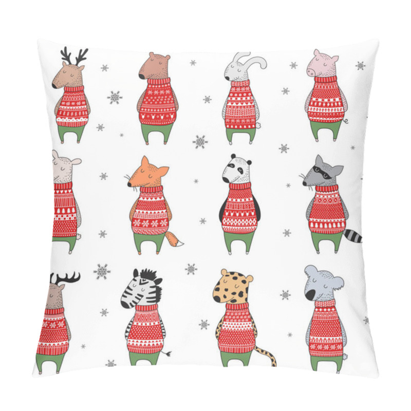 Personality  Vector Collection Of Cute Winter Animals In Cozy Sweater. Doodle Illustration. Winter Holidays, Baby Shower, Birthday, Children's Party Pillow Covers